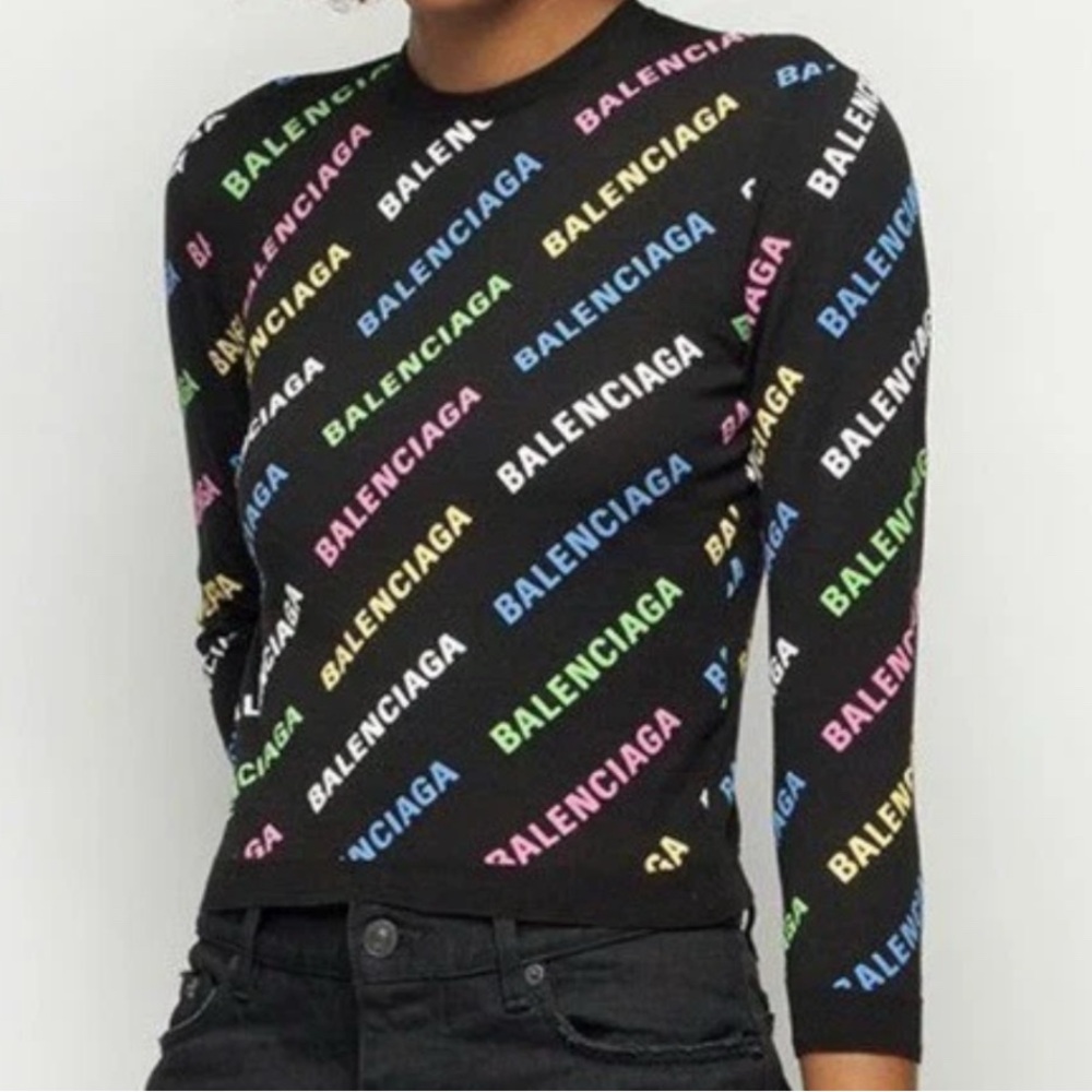 Balenciaga Women's Black Sweater with Multicolor Logo